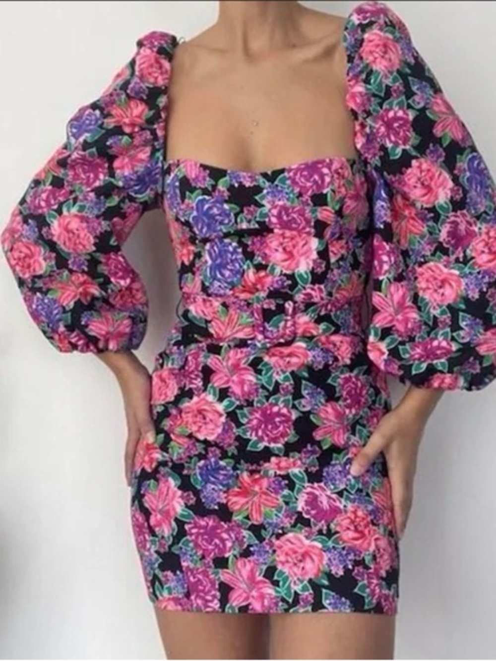 ZARA Blogger Fave Floral Puff Sleeve Mini Dress Pink Floral Belt Party Trip S